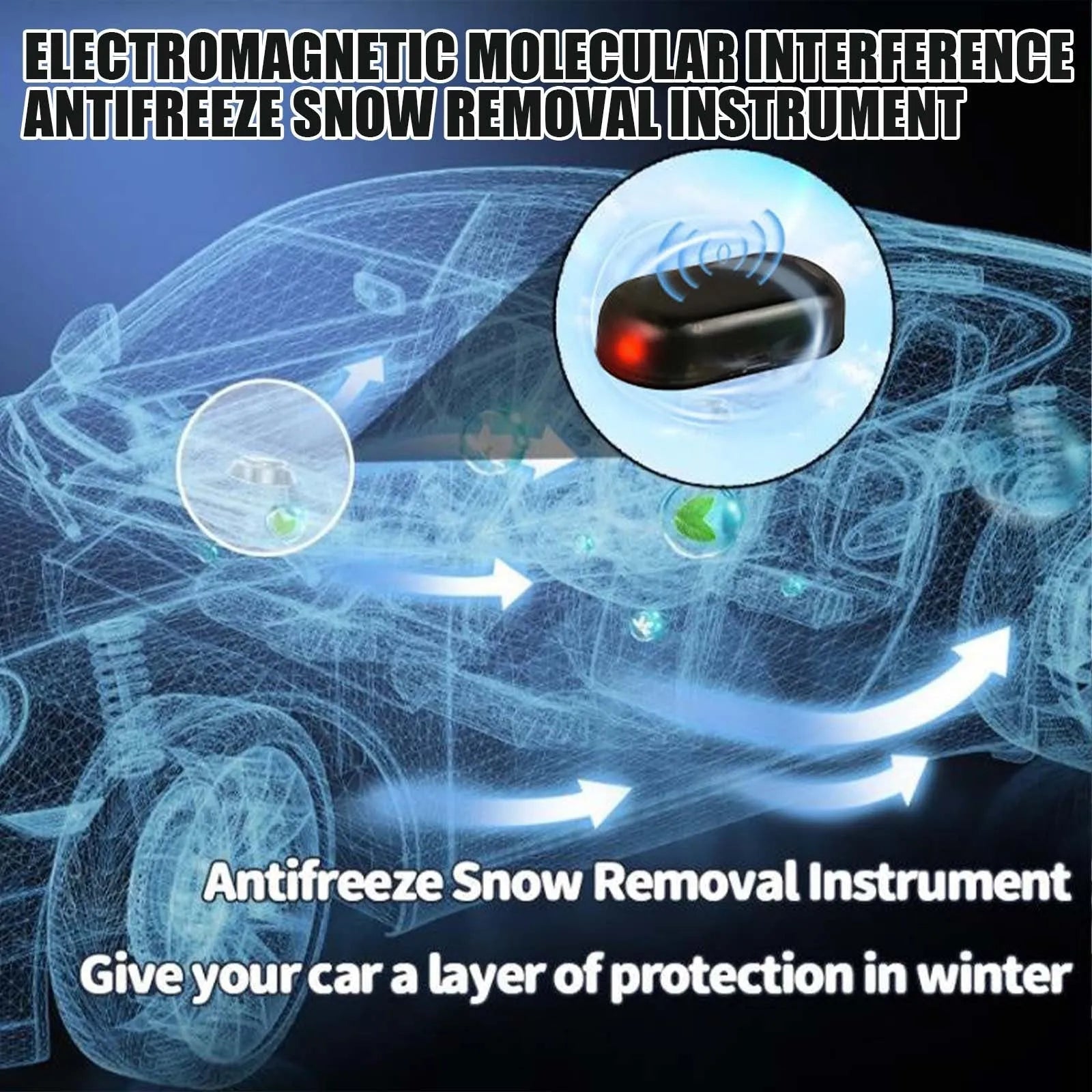 Black handheld car deicing tool with special glass component on a white background.
