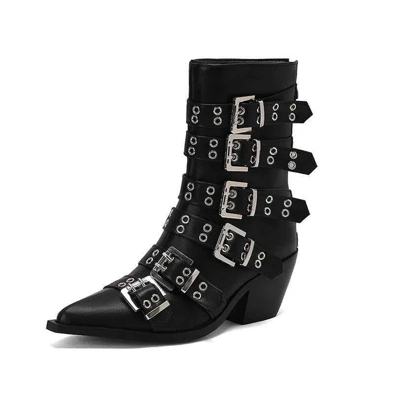 Women's pointed knight boots with belt buckle in black patent leather, side view, chunky heel, size up to 46