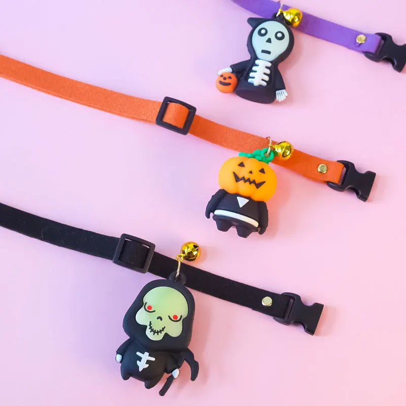 Halloween pet collar decoration on a dog, showing luminous skull pattern and adjustable polyester band.