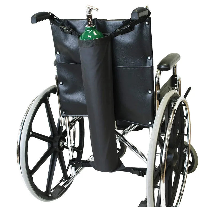Black cylindrical wheelchair pannier bag for oxygen cylinders with 600D Oxford cloth construction
