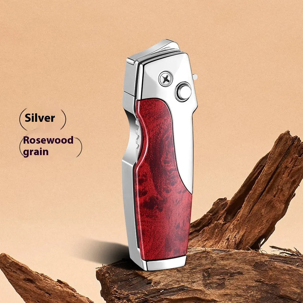 Metal folding lighter with integrated pocket knife tool in a wood grain finish.