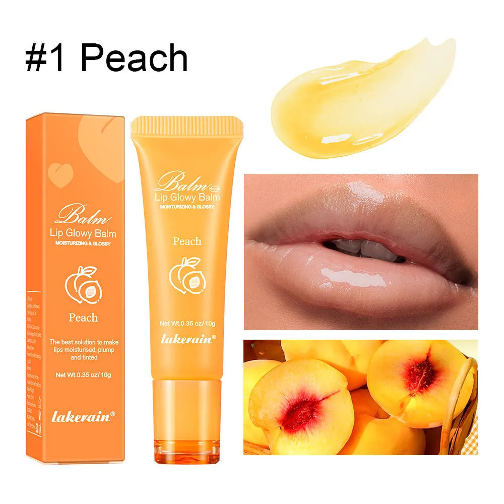 Women's lip gloss with four flavour options: berry, grape, grapefruit, and yellow peach