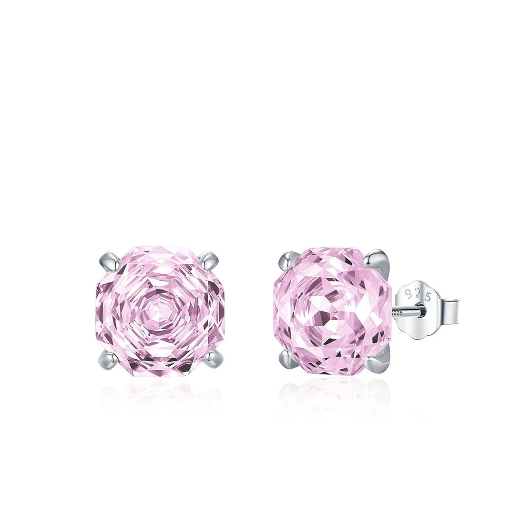 S925 silver rose stud earrings for women in 6mm or 8mm pink floral design