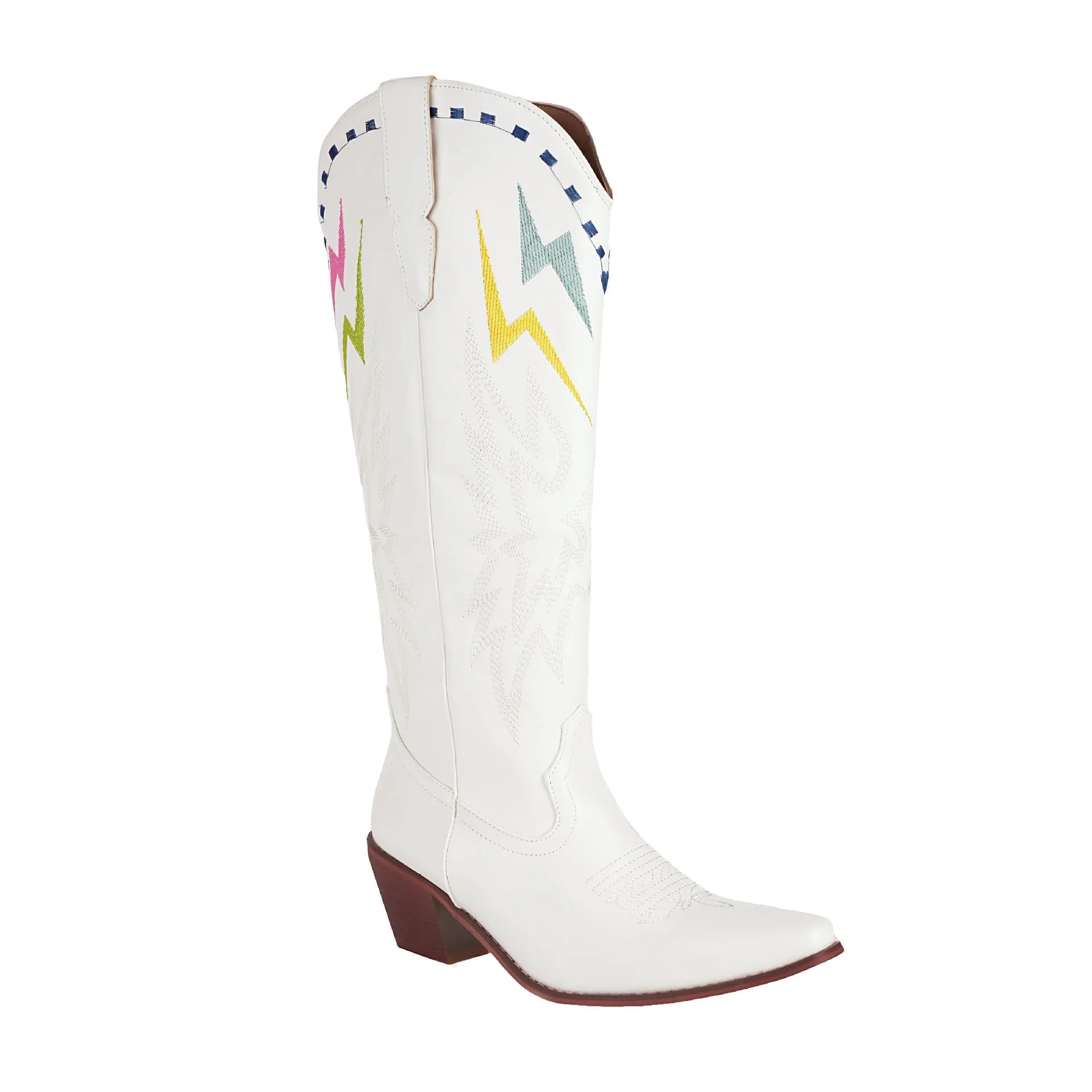 Women's black knee-high boots with lightning embroidery pattern, chunky heel, and square toe on a white background