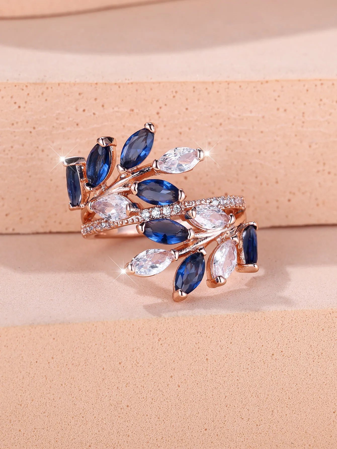 Adjustable horse eye zircon leaf ring in copper with leaf shape design and multiple colour finish options