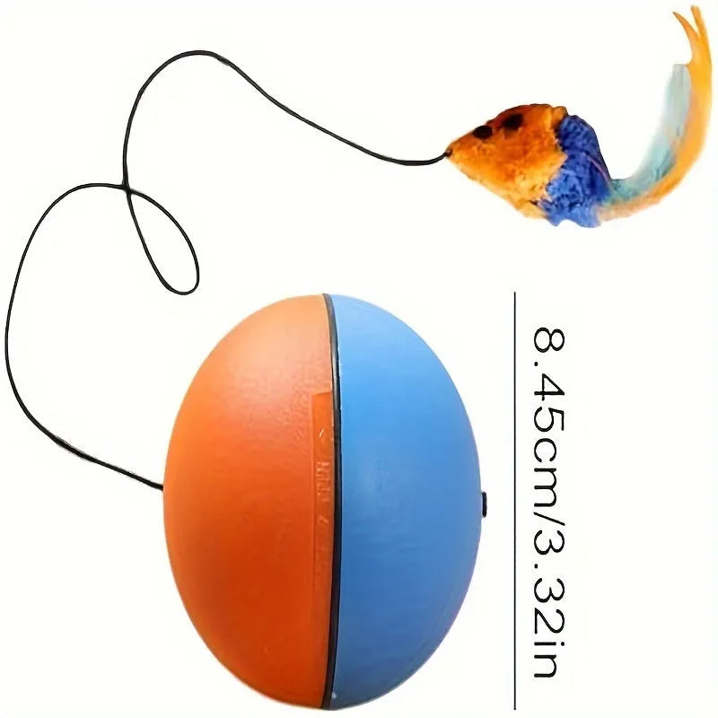 Blue and orange interactive cat toy ball with plush mouse interior and feather wand teaser for feline exercise
