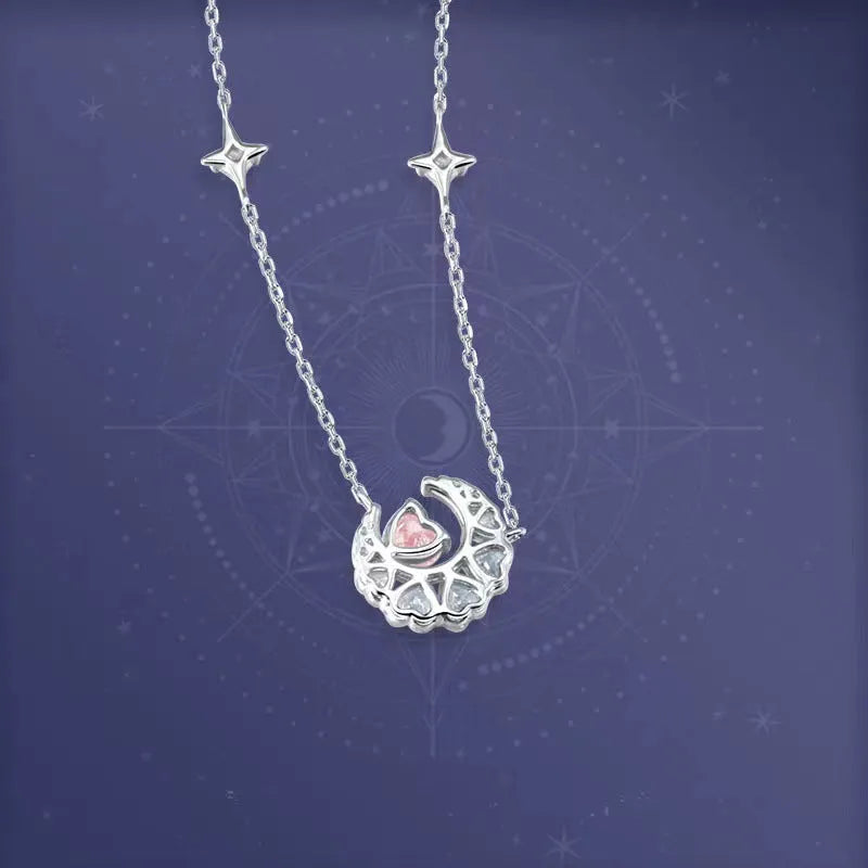 Dream Heart Moon Necklace copper heart pendant with moon and stars in pink diamond finish on cross chain