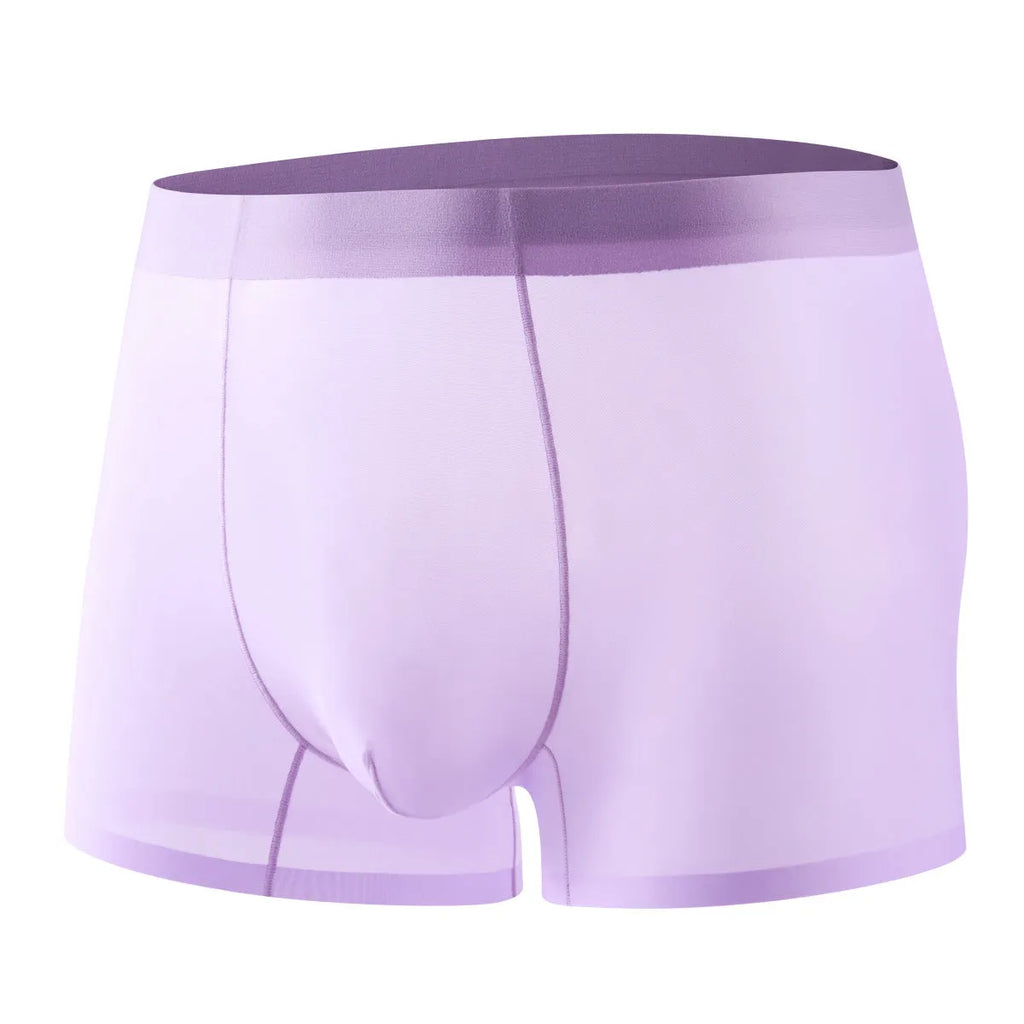 Men's ice silk boxer briefs in multiple colours on a white background, showing seamless design.