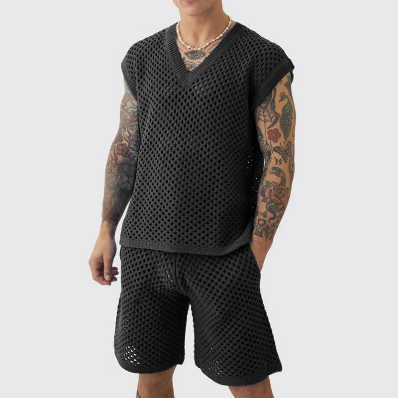 Men's blue V-neck sleeveless vest and matching shorts sports suit on a hanger