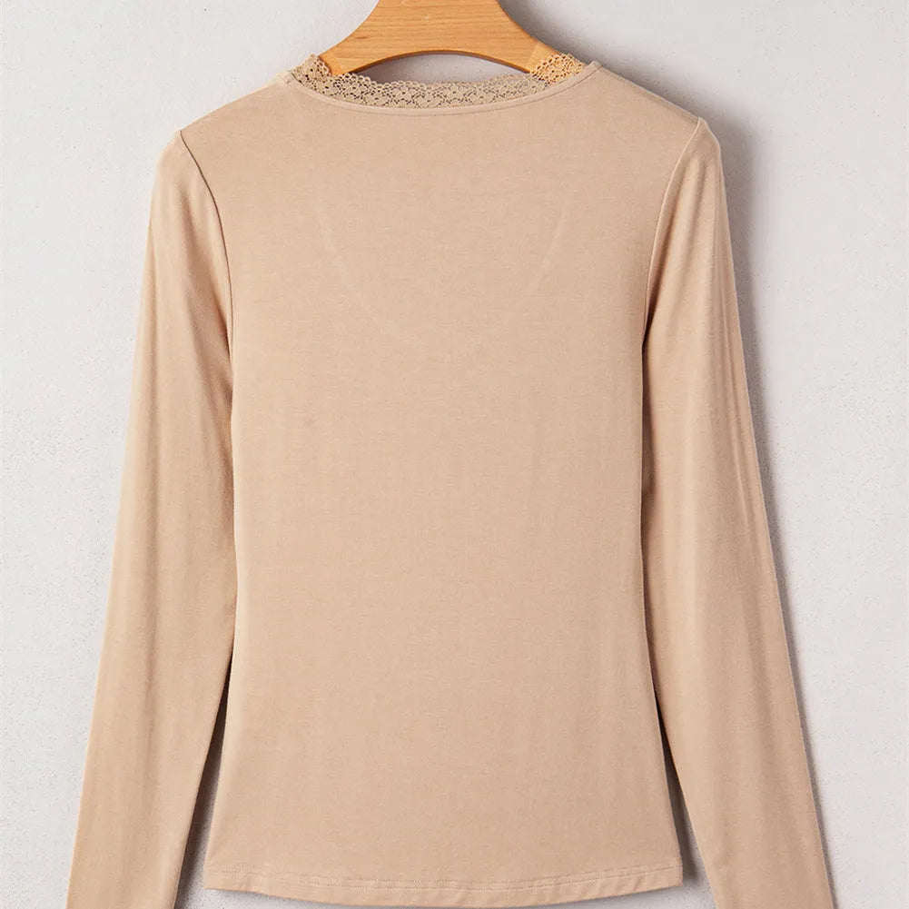 Women's solid colour long sleeve casual top with lace trim detail in slim fit