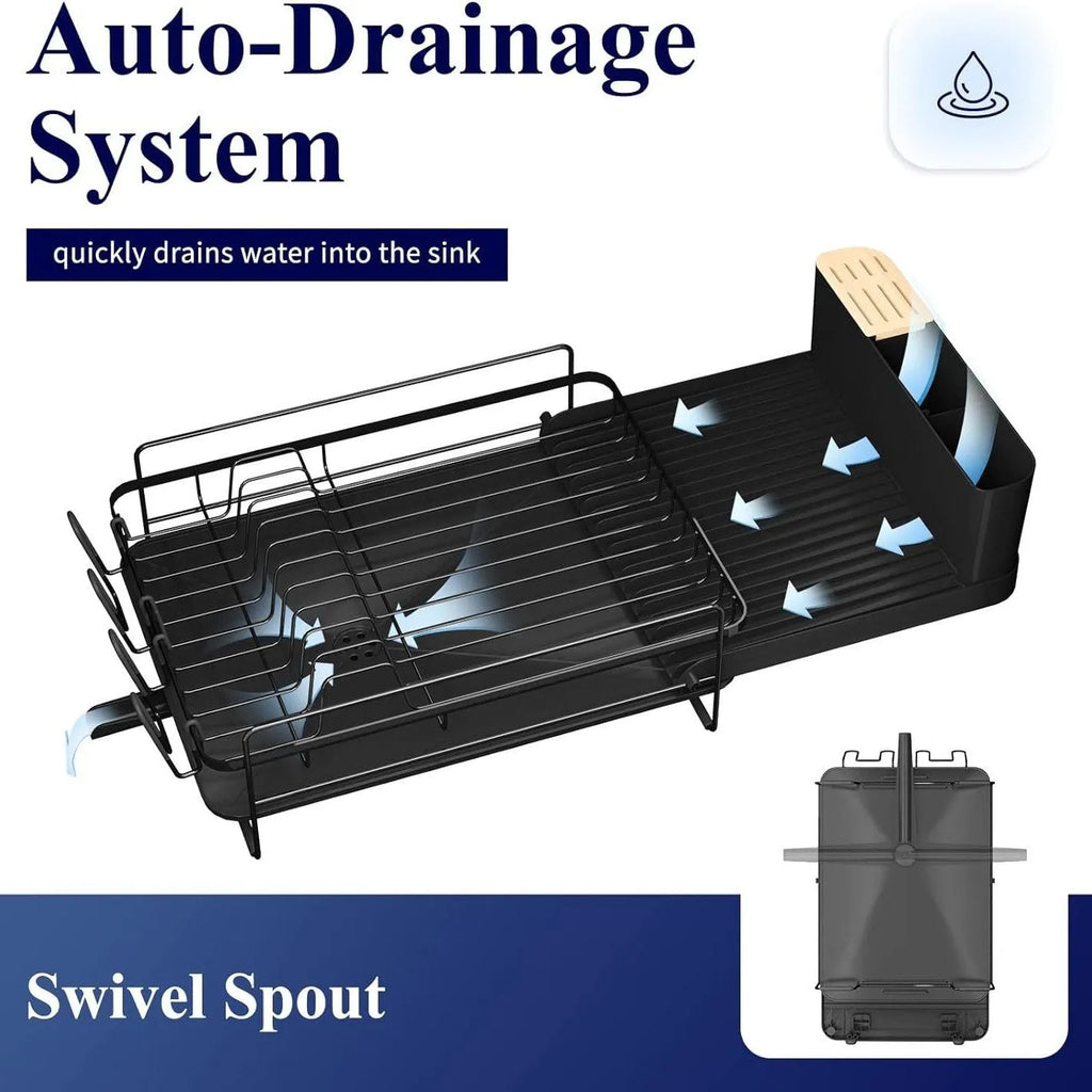 Retractable foldable carbon steel kitchen dish drying rack with detachable cutlery holder.