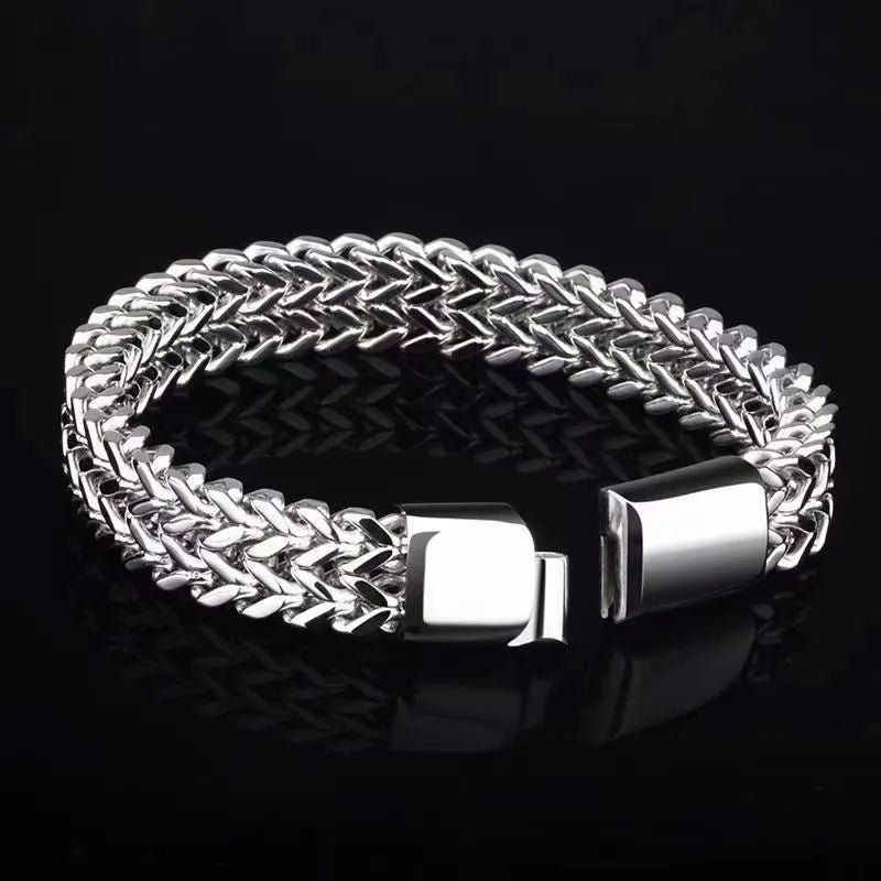 Silver titanium steel geometric hip hop bracelet showing front and back design with chain links