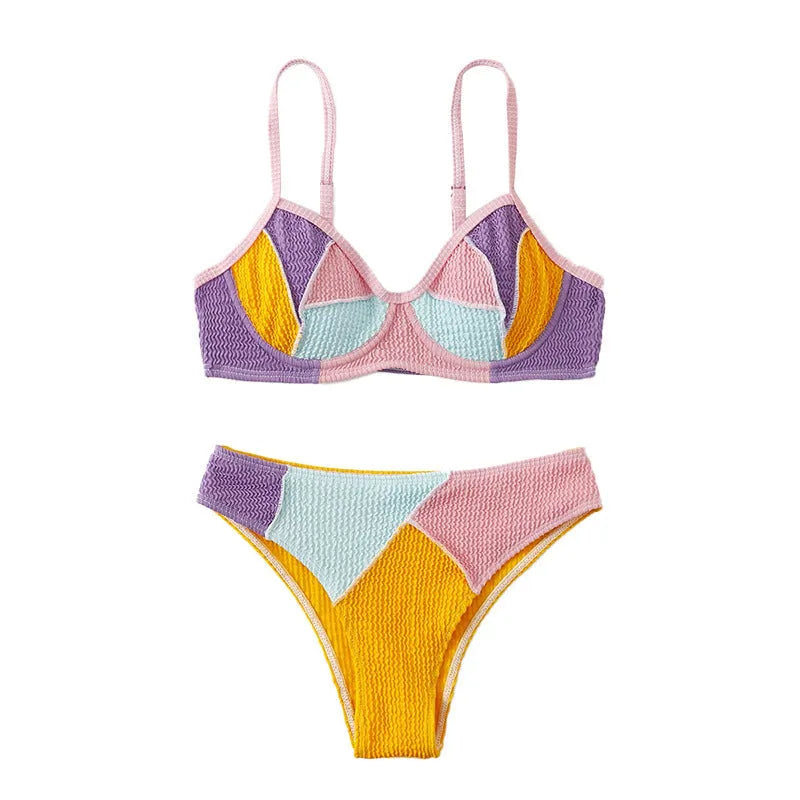 Ladies splicing colour bikini set with steel push-up cups and backpack stitching detail on the back.