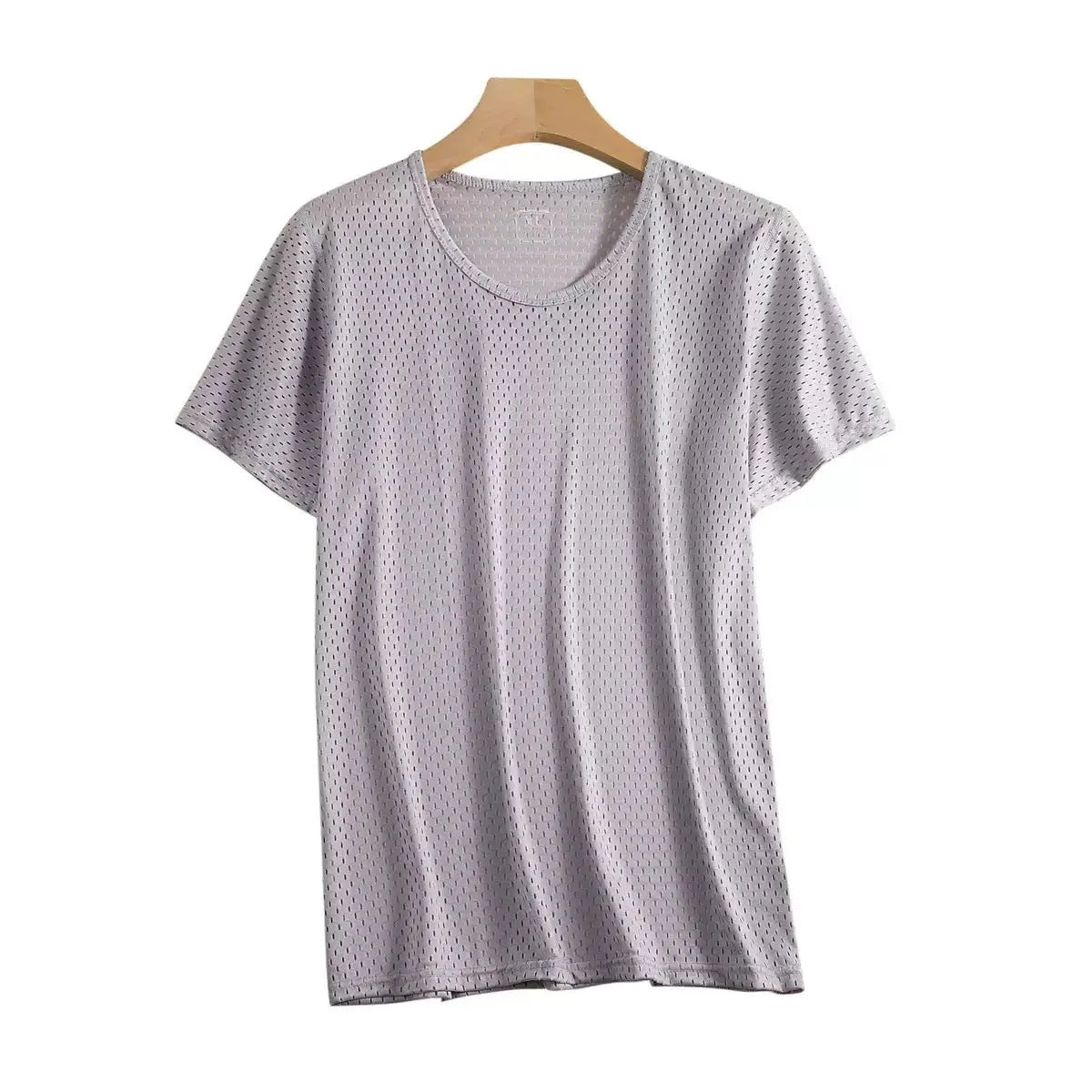 Men's solid colour Ice Silk short sleeve crew neck T-shirt in loose fit on a hanger.