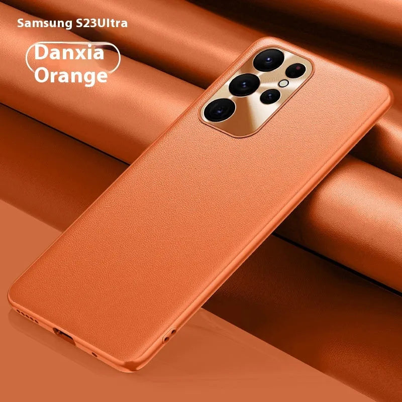 Leather pattern TPU phone case with metal lens ring for Samsung in Athens Black colour