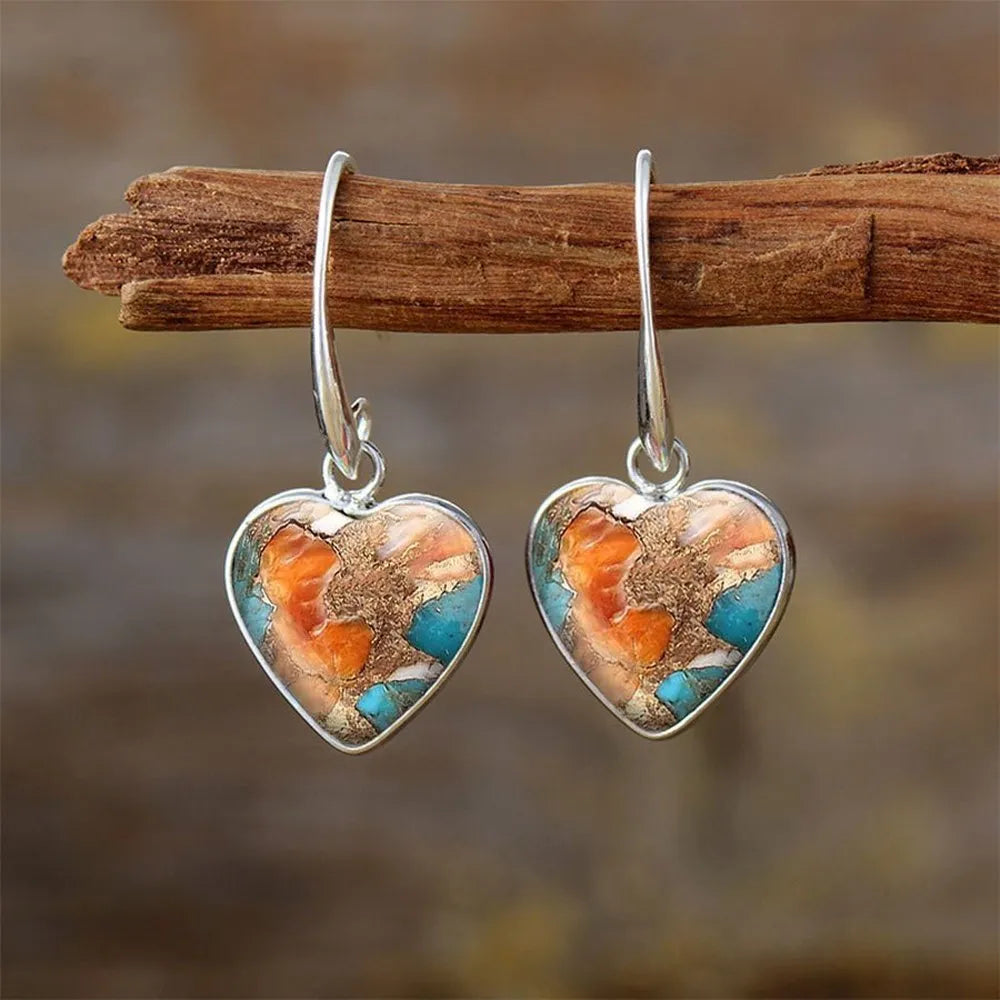Silver alloy vintage bohemian love pendant drop earrings with water droplet shape