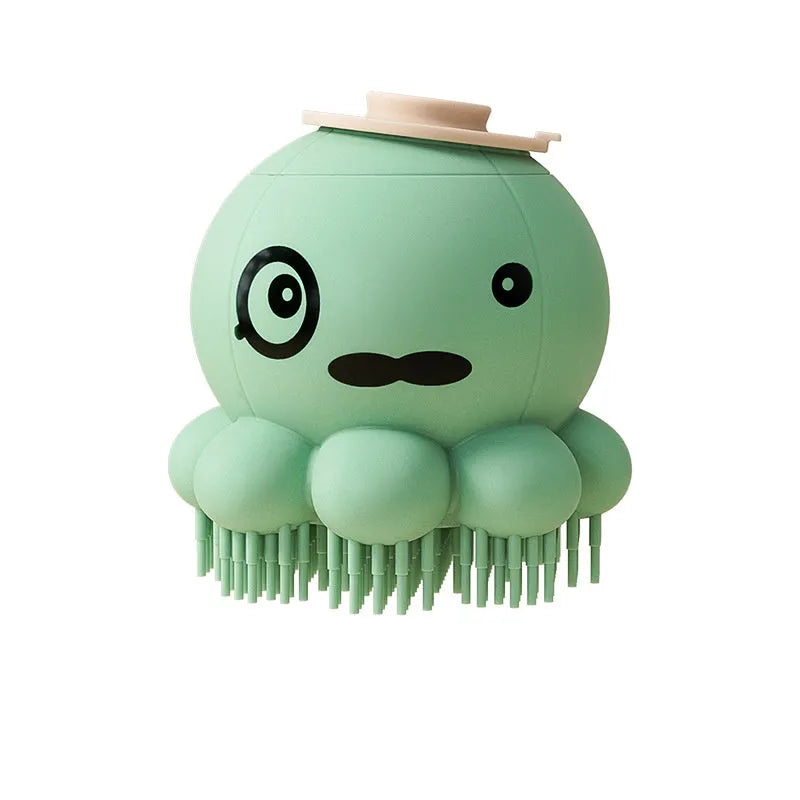 Green pet bath brush with built-in body wash reservoir and soft silicone bristles for dog and cat grooming