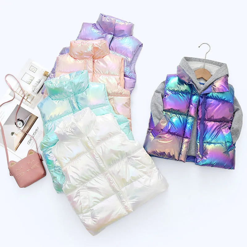 Children's down cotton vest in multicolor, with front closure, on a child, sizes 100-170cm