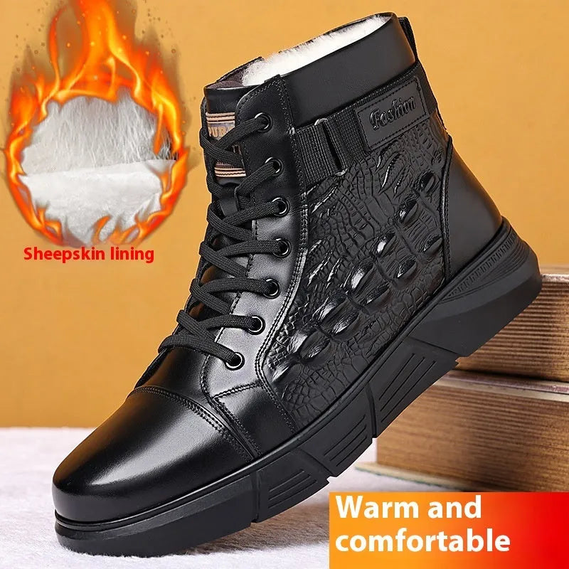 Brown genuine leather winter boots with fur trim and lace-up front, resting on a surface.