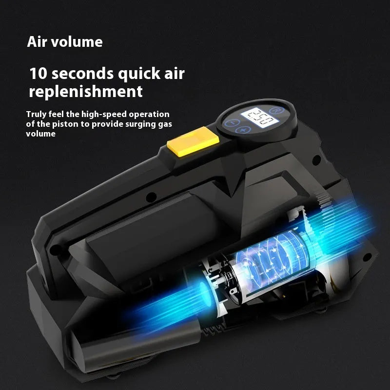 Black portable 12V car tyre inflator with digital display and LED light on ABS housing.