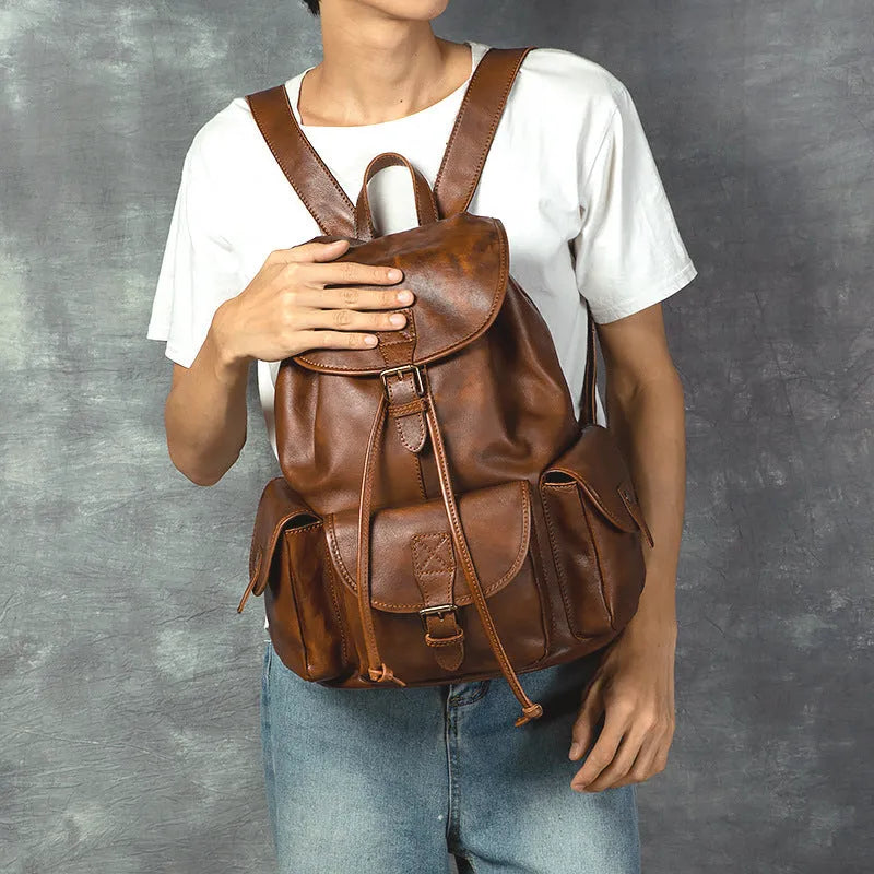 Genuine leather retro backpack for men, top grain, light brown, with ergonomic back panel and geometric pattern