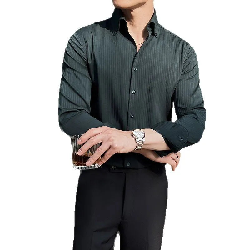 Men's striped V-neck long sleeve casual shirt in chemical fibre blend fabric