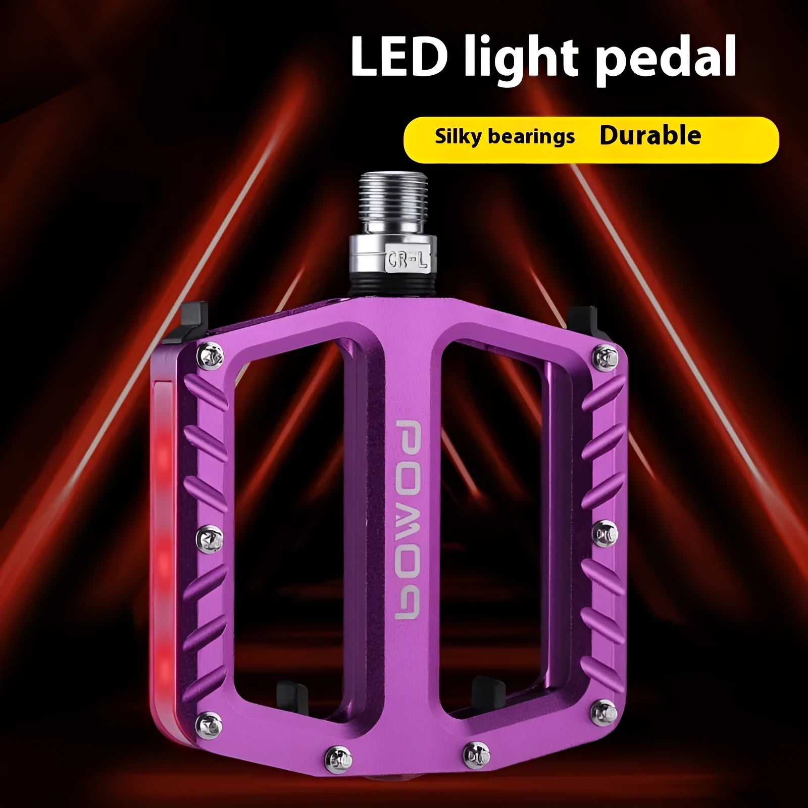 Bicycle pedals with LED lights in purple, black, titanium, red, and gold colour options