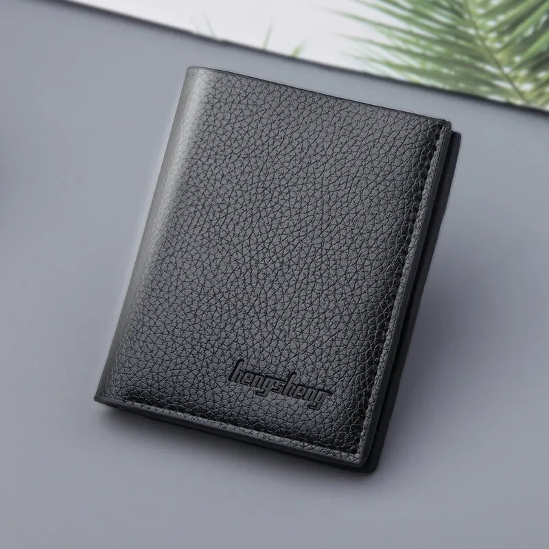 Men's vertical short wallet in PU leather, black finish, with multiple card and ID slots, 12.5 cm height