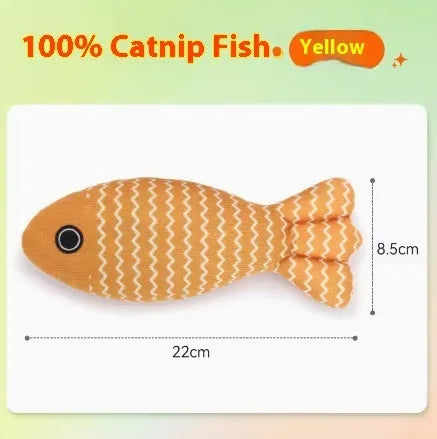 Plush fish cat toy filled with catnip, shown in blue, red, and yellow colours, with large and medium size examples