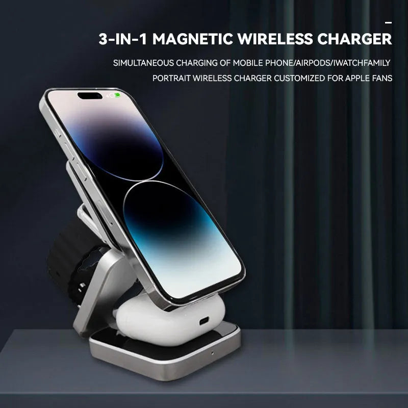 Folding three-in-one desktop wireless charging bracket for Apple, Samsung, and Google Pixel devices on a table.