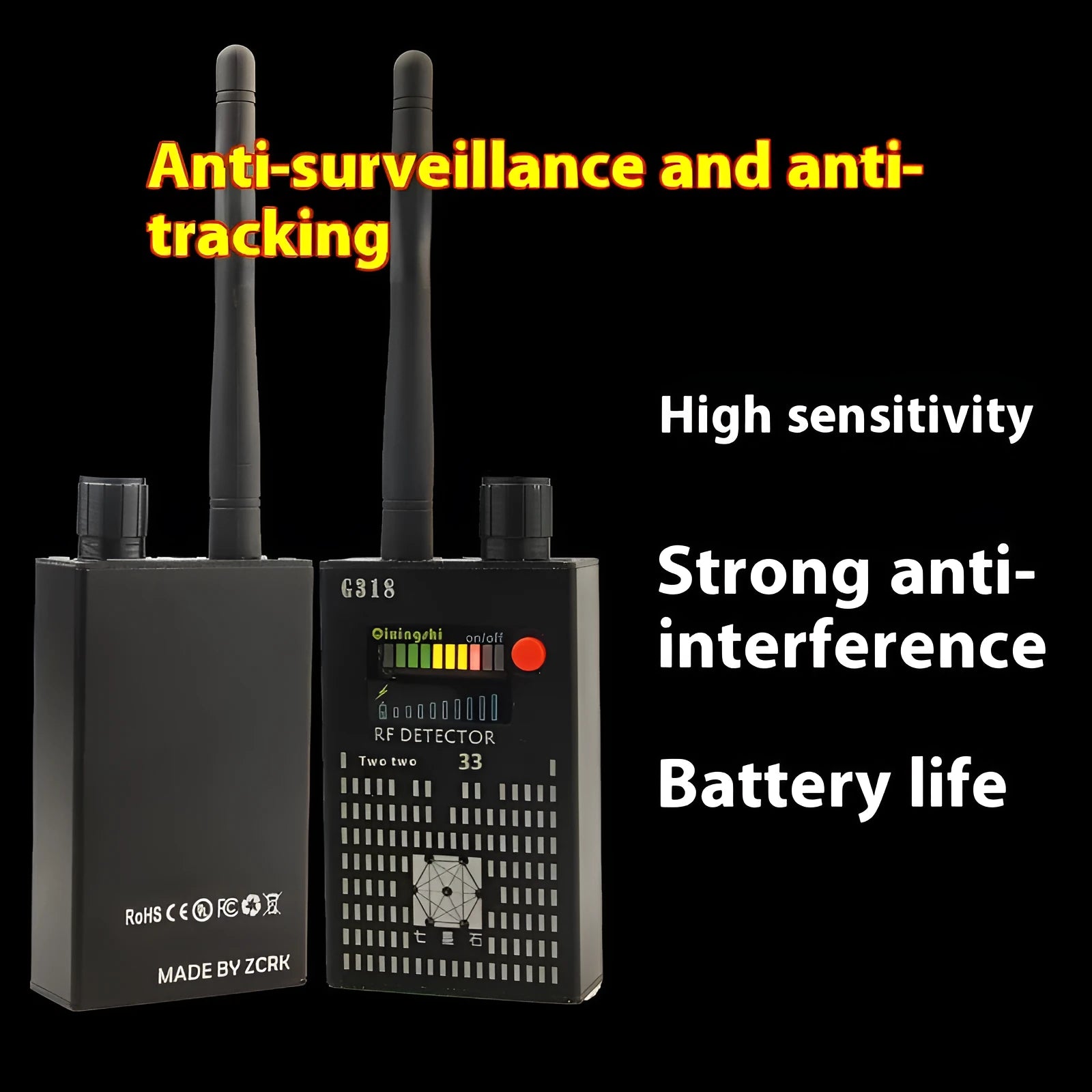 G318 professional anti-eavesdropping signal detector showing compact design for portable security scanning