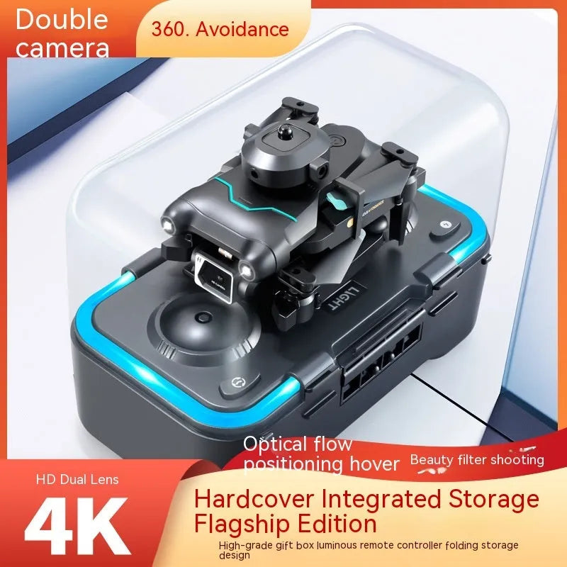 Black S96 quadcopter drone with four propellers and a camera, shown on a stand.