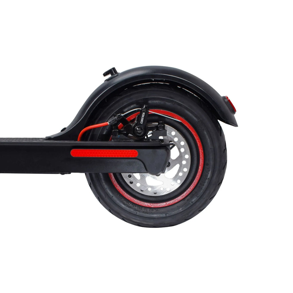 Black aluminium alloy electric folding scooter with 10inch tyres and disc brake on a flat surface