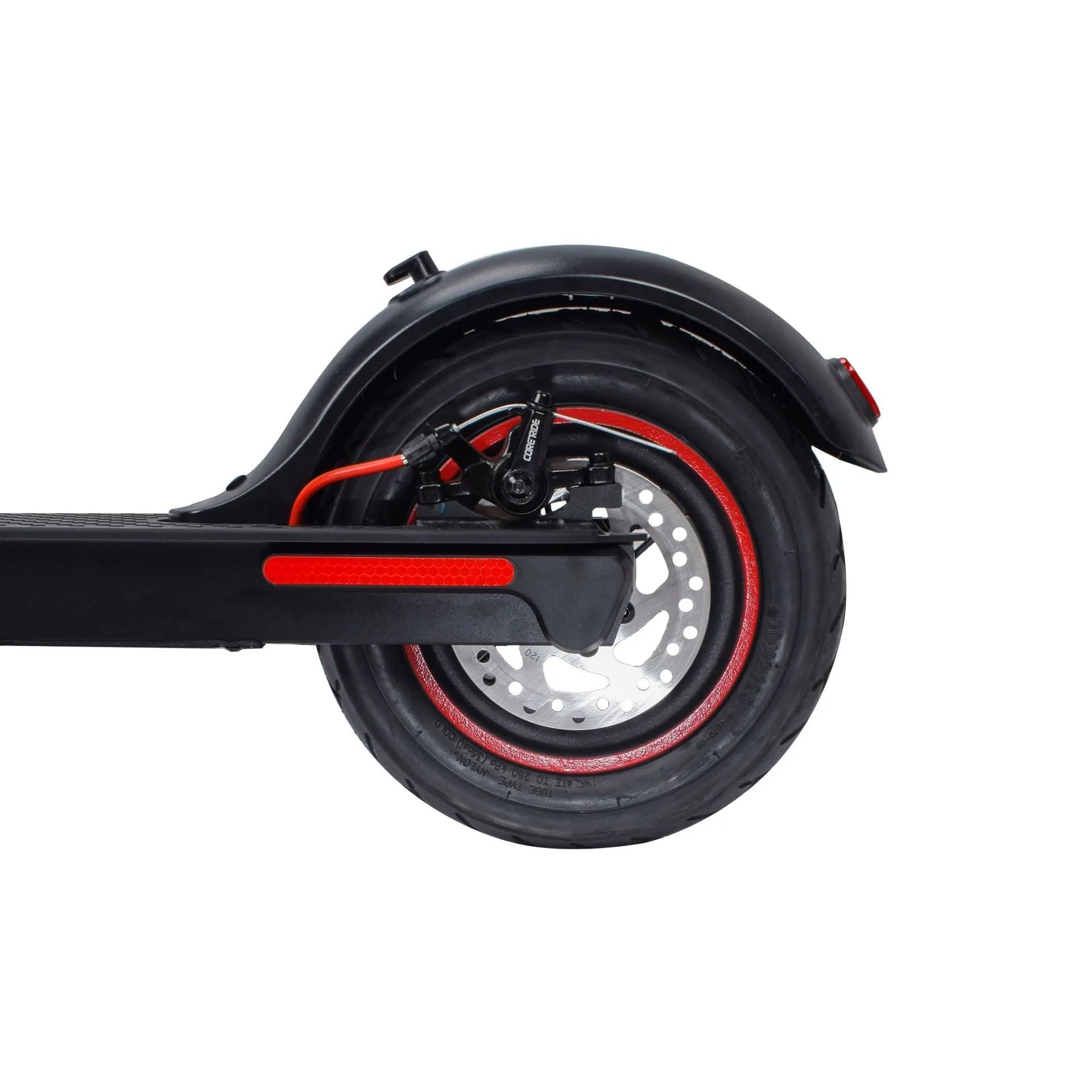 Black aluminium alloy electric folding scooter with 10inch tyres and disc brake on a flat surface