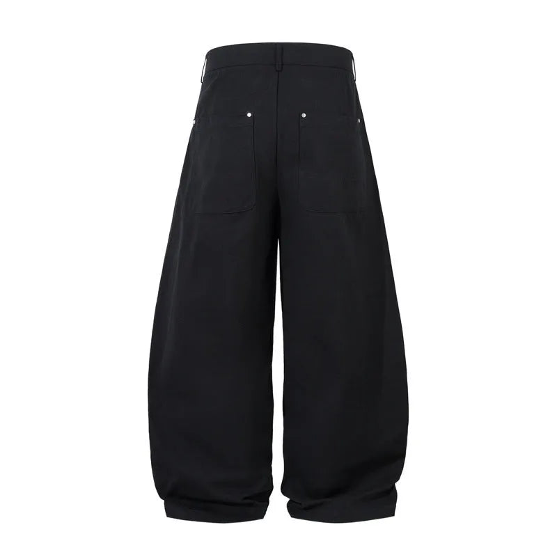 Black men's loose-fitting cotton pleated trousers with a wide-leg casual style.