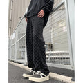 Men's jacquard full-print denim jeans in black, mid-rise button fly, streetwear casual trousers