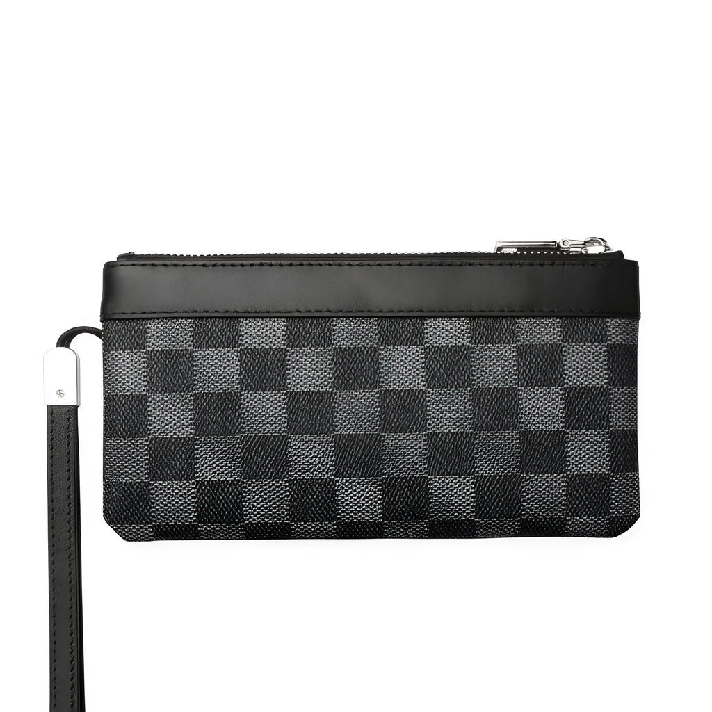Black men's leather clutch wallet showing first layer cowhide construction and 20x10cm dimensions