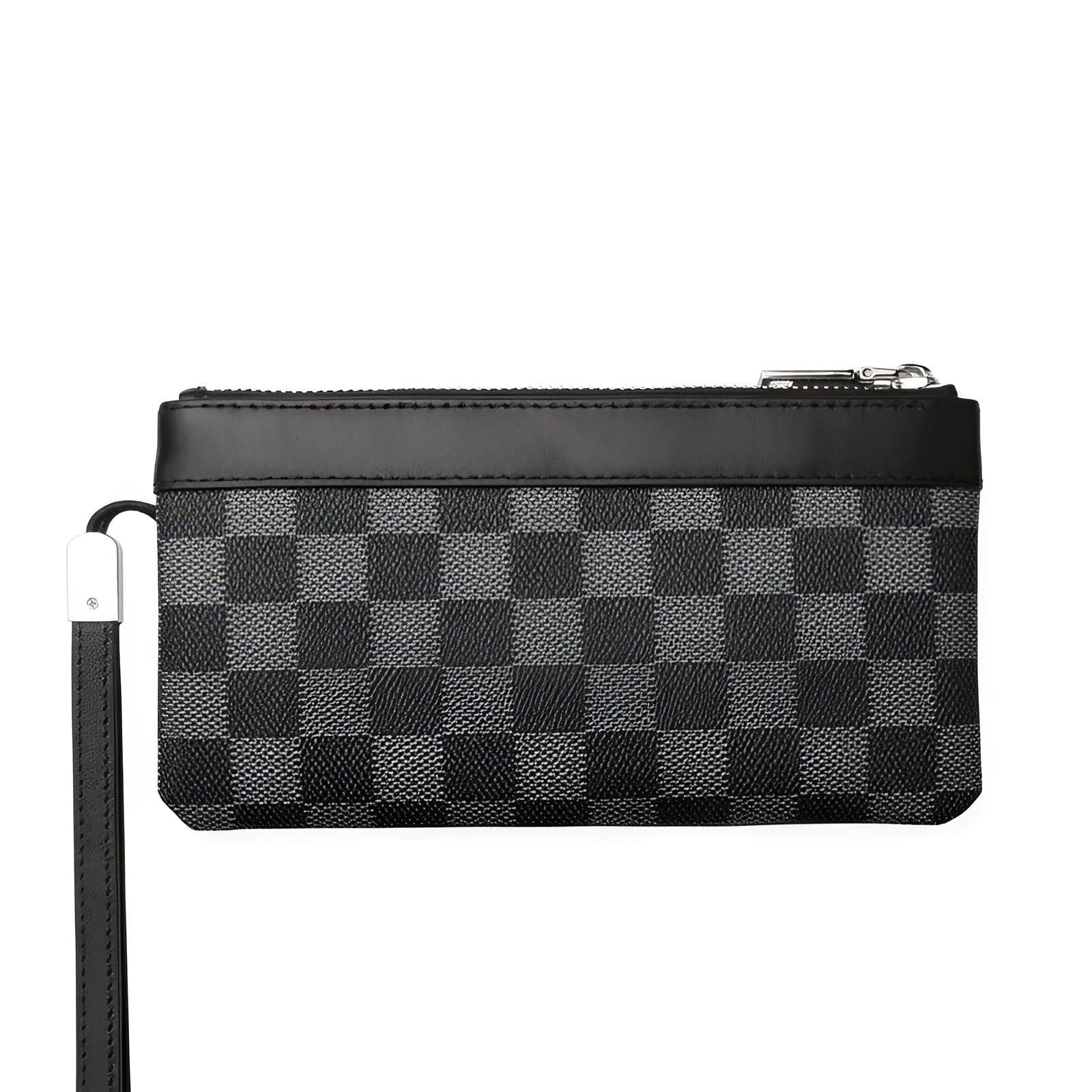 Black men's leather clutch wallet showing first layer cowhide construction and 20x10cm dimensions