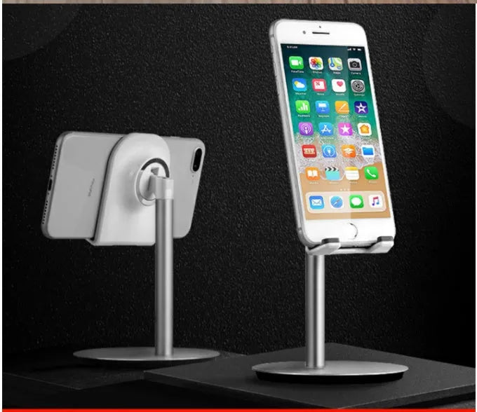 Silver metal desktop stand for phones and tablets S1 model upright on a desk