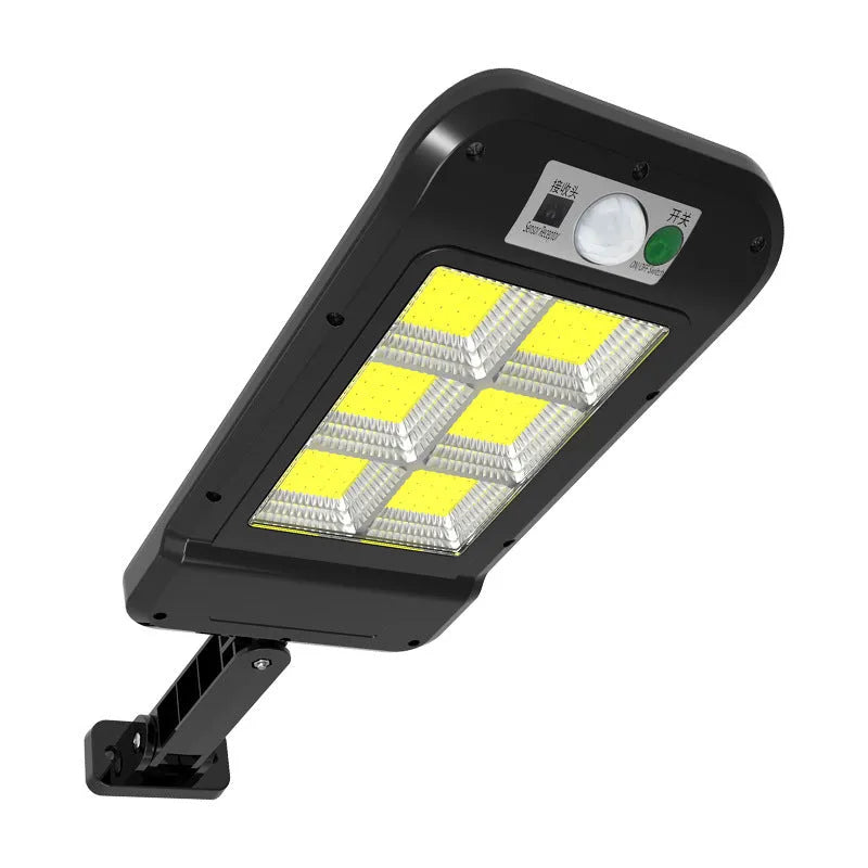 Solar wall light with 160COB LED lamps and motion sensor mounted on outdoor wall