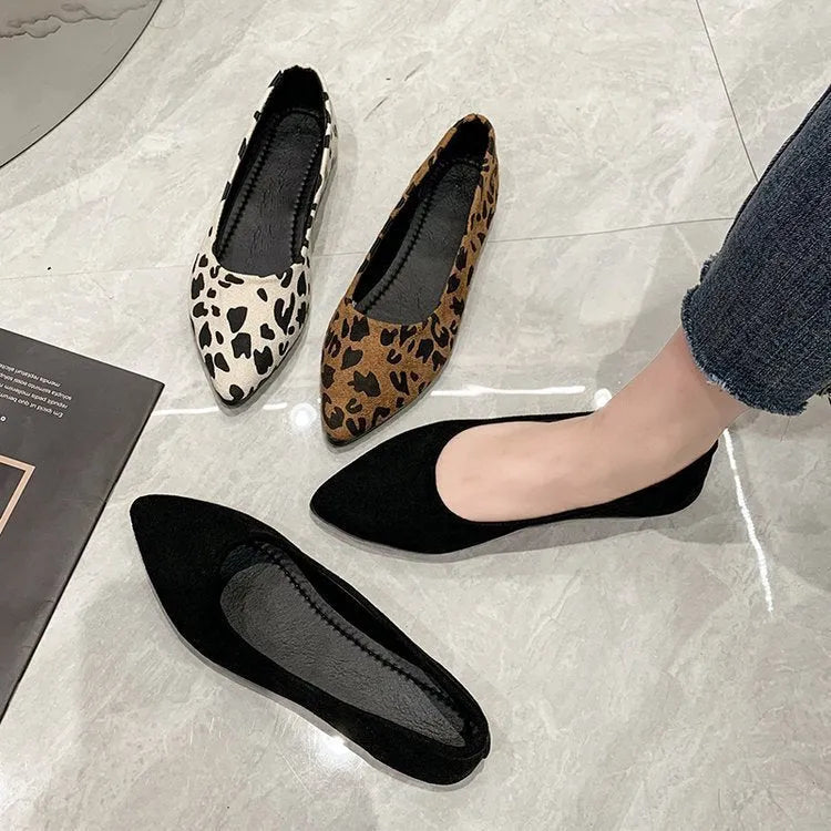 Women's leopard print flat pumps with pointed toe and low heel in three colour options