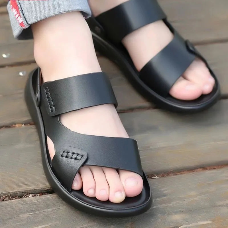 Men's waterproof plastic casual sandals in brown and black colours showing slip-on design for beach use
