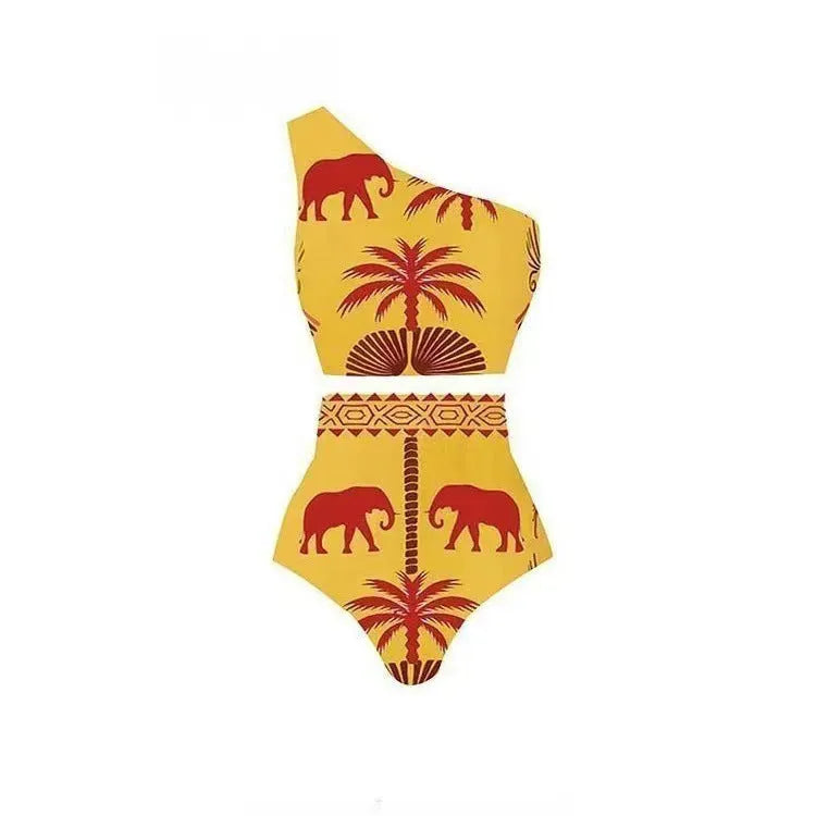 Women's black and yellow one-piece swimsuit with bird print, slit, and one-shoulder style options.