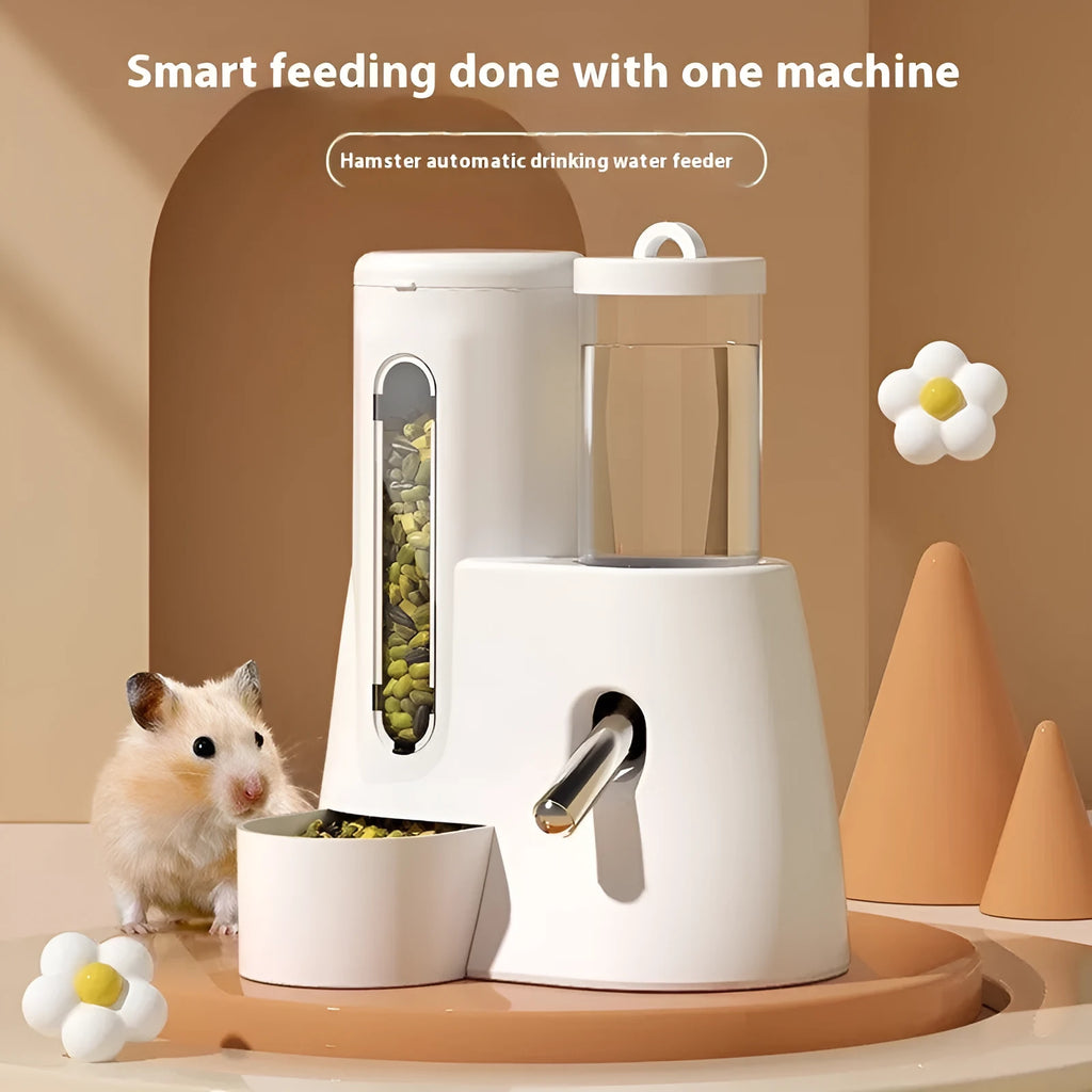Automatic hamster drinking water feeder with integrated food basin in blue colour