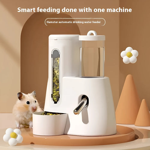 Automatic hamster drinking water feeder with integrated food basin in blue colour
