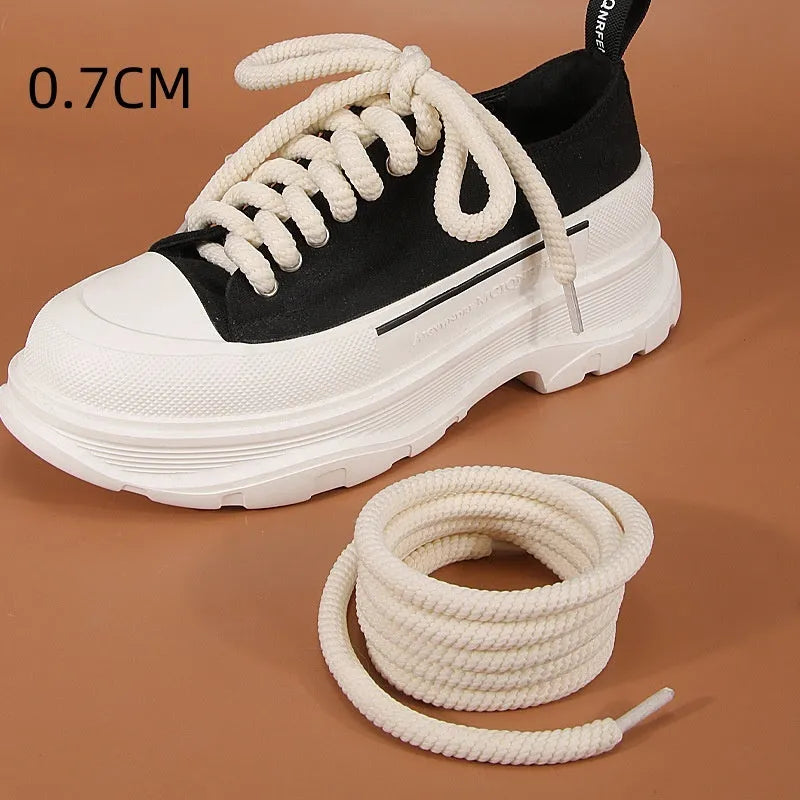Round woven shoelaces for bread shoes in white, beige and black colours showing length options