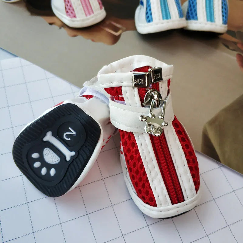 Four blue cloth dog shoes with zipper closures, shown on a small dog's paws.