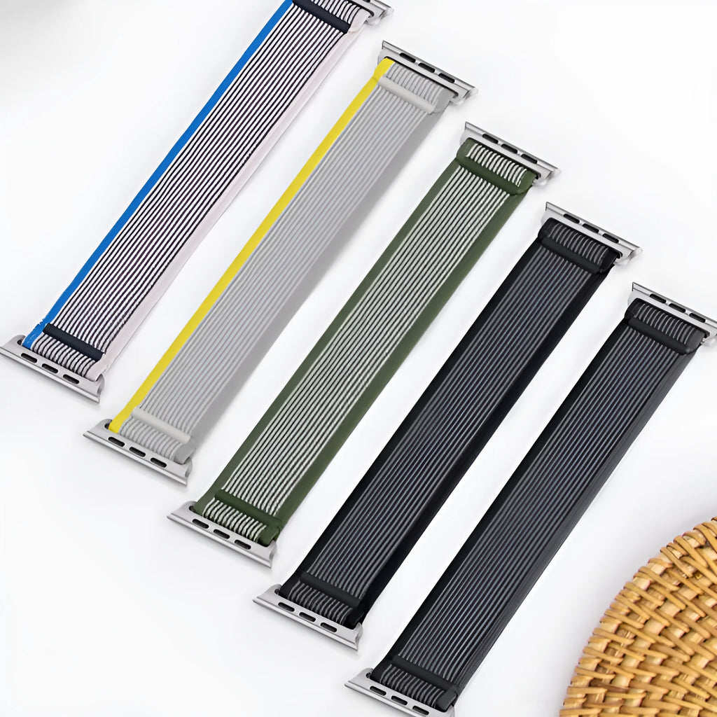 Nylon single ring watch strap for Apple Watch in multiple colour options on a grey background.