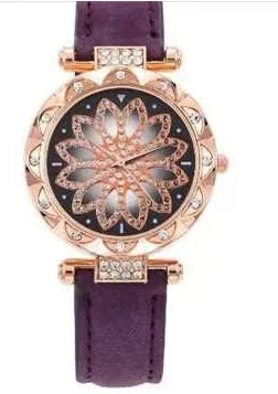 Women's full diamond bezel watch with round dial in multiple colour options showing pin buckle clasp