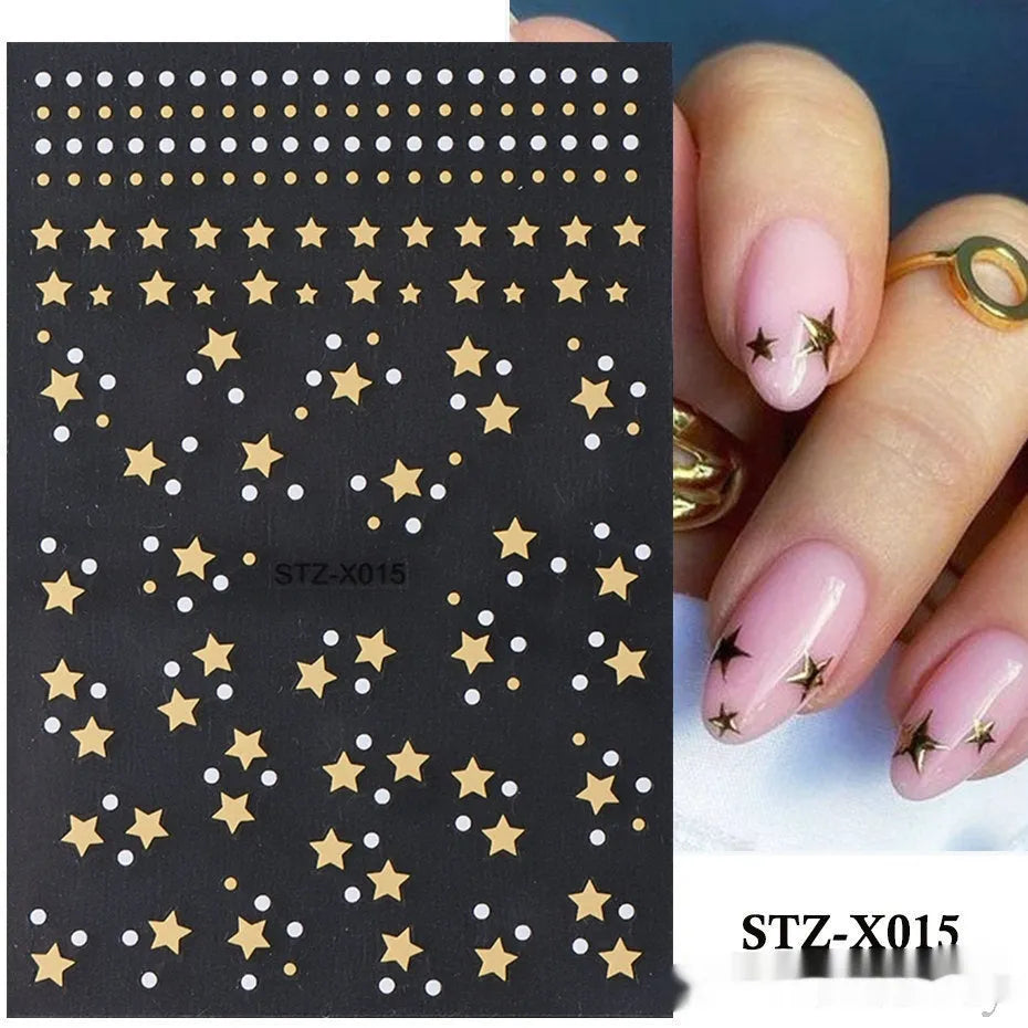Sheet of black and silver strip nail art stickers with cartoon and love heart designs